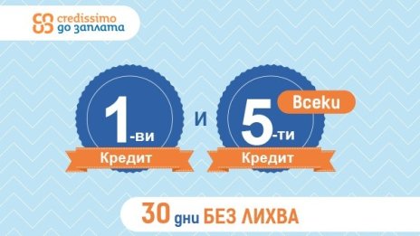 Ново от Credissimo – 0% лихва за всеки 1-ви и 5-и заем