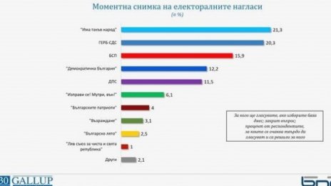 Галъп: ИТН взима 21,3%, ГЕРБ-СДС остават втори с 20,3%