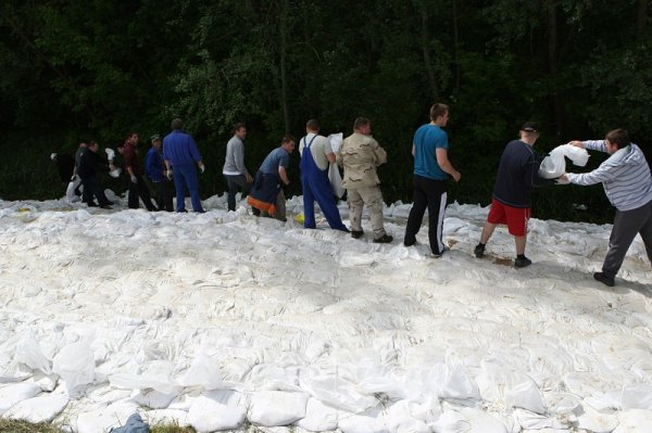 Жители на квартал &bdquo;Боровички&ldquo; в полския град Плок укрепват дигата на река Вистула. Кметът на Плок обяви евакуация на квартала в неделя, но хората решиха, че ще останат по домовете си. Всички семейства укрепват дигата, за да предотвратят заливането на домовете си. Снимка: БГНЕС