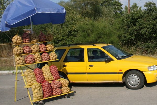 Производители предлагат картофи директно на пътя близо до Самоков. 10 кг картофи се предлагат на цена между 6 и 7 лева и това кара много хора да спират с колите си да купуват. Снимка: БГНЕС