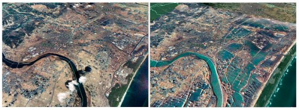 Град Сендай преди и след земетресението от 11 март. Снимка: Ройтерс