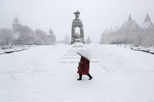 Жена се разхожда по време на обилен снеговалеж пред Националния военен мемориал в Отава, Канада. Снимка: Reuters