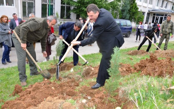 Американски дъб, шестил, туя и сребрист смърч са част от дървесните видове, които бяха засадени в двора на дома за медико-социални грижи &quot;Свети Стилиян&rdquo; в Благоевград по случай откриването на традиционната Седмица на гората &ndash; професионален празник на лесовъдите и работещите в горското стопанство на страната. Снимка: БТА