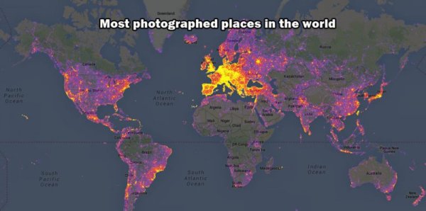 Тази карта показва най-фотографираните места в света. Страните от Западна Европа са на първо място. Снимка: imgur.com