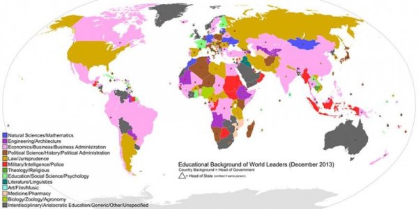 Картата показва какво е образованието, което имат световните лидери. Управляващите в&nbsp; Русия и САЩ са завършили право, докато тези в България, Канада и Бразилия имат дипломи по икономика. Снимка: reddit.com