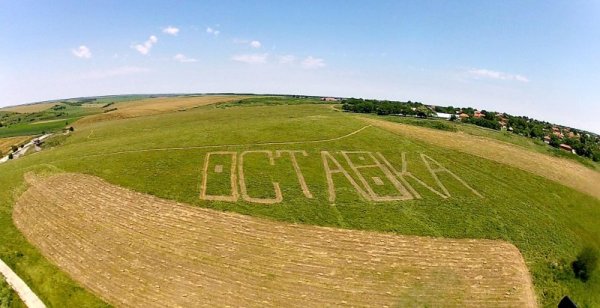 Огромен надпис &quot;Оставка&quot; се появи на нива край русенското село Бъзън. Той е изработен от местен жител, който работил по надписа цяла седмица. Площта, върху която е изписан надписа е 4 декара, като всяка буква е с площ около 600 кв.м. Снимка: БТА