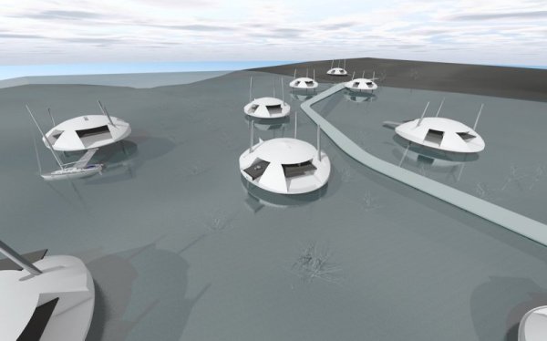 Точно като нефтените платформи, иновативните домове ще бъдат построение с &quot;прибиращи се крака&quot;, които могат да се потопят във водата или да се прикрепят до някой кей. Тери смята, че за сега концепцията е насочена по-скоро за ситуиране в заливи или лагуни, а окенатът е голямото предстоящо предизвикателство Снимка: Terry and Terry Architecture