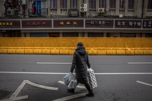 Жена носи пакет с тоалетна хартия и други стоки от първа необходимост в китайския град Ухан, откъдето бяха първите случаи на заразата с коронавирус. Снимка: БГНЕС