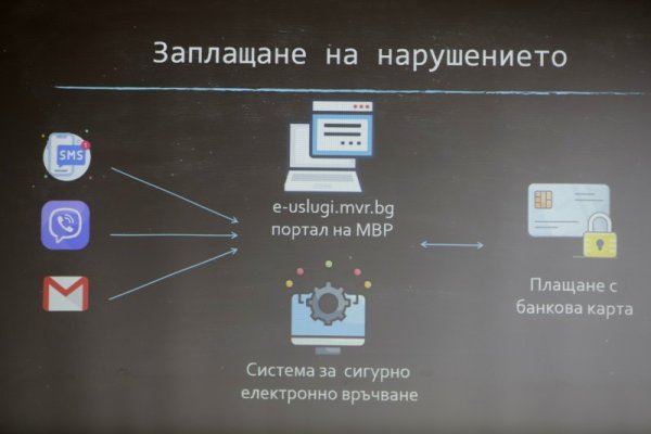 Министърът на вътрешните работи Калин Стоянов, заместник-министърът на електронното управление Валентин Мундров и експерти от МВР и представители на Министерството на електронното управление представиха новата система за уведомление по електронен път при извършено нарушение на Закона за движение по пътищата. Снимка: БГНЕС